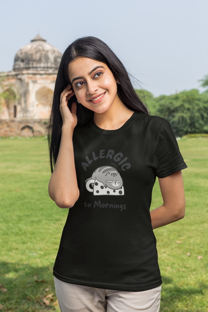 Madinkco Women's "Allergic to Mornings" Graphic T-Shirt - Cute & Funny Cat Tee