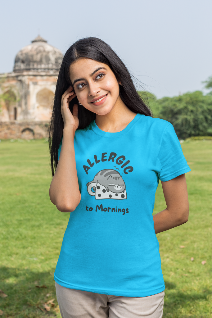 Madinkco Women's "Allergic to Mornings" Graphic T-Shirt - Cute & Funny Cat Tee