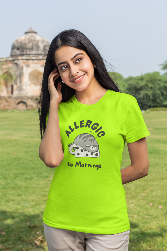 Madinkco Women's "Allergic to Mornings" Graphic T-Shirt - Cute & Funny Cat Tee