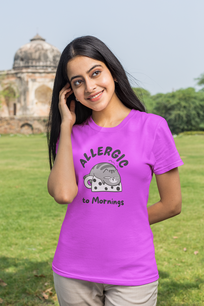 Madinkco Women's "Allergic to Mornings" Graphic T-Shirt - Cute & Funny Cat Tee