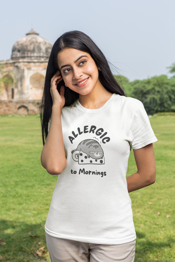 Madinkco Women's "Allergic to Mornings" Graphic T-Shirt - Cute & Funny Cat Tee