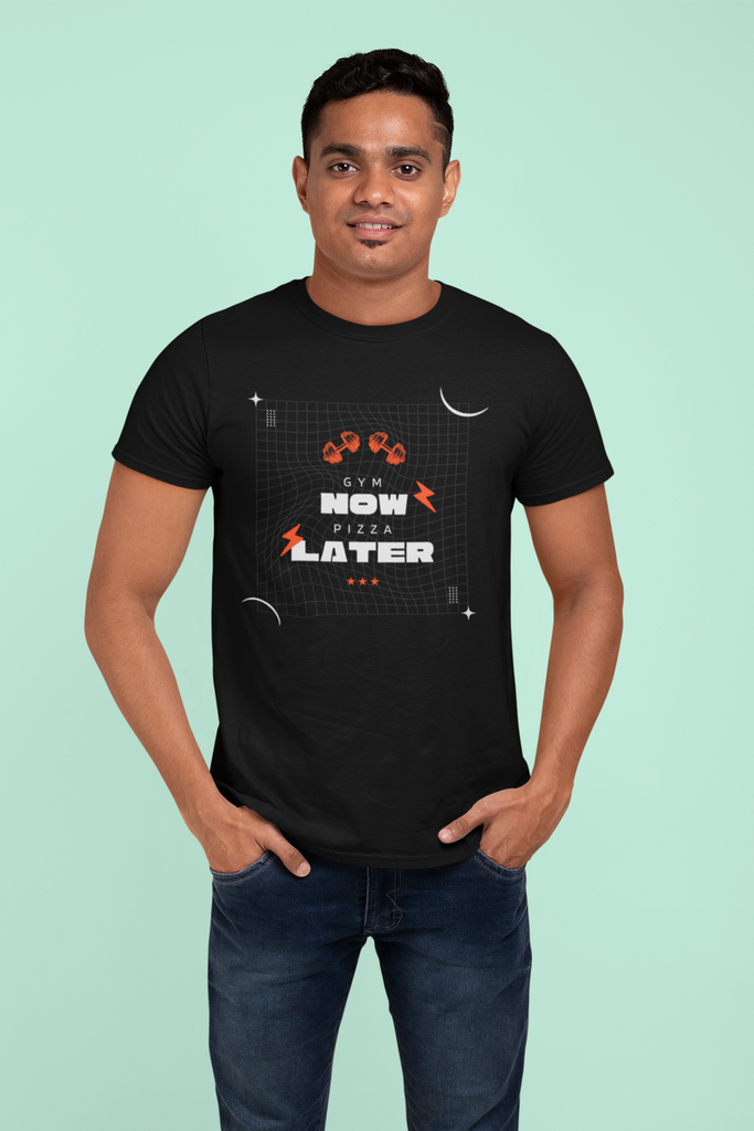 Madinkco Men’s "Gym Now, Pizza Later" Workout T-Shirt - Premium Fitness Graphic