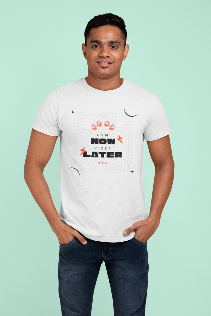 Madinkco Men’s "Gym Now, Pizza Later" Workout T-Shirt - Premium Fitness Graphic