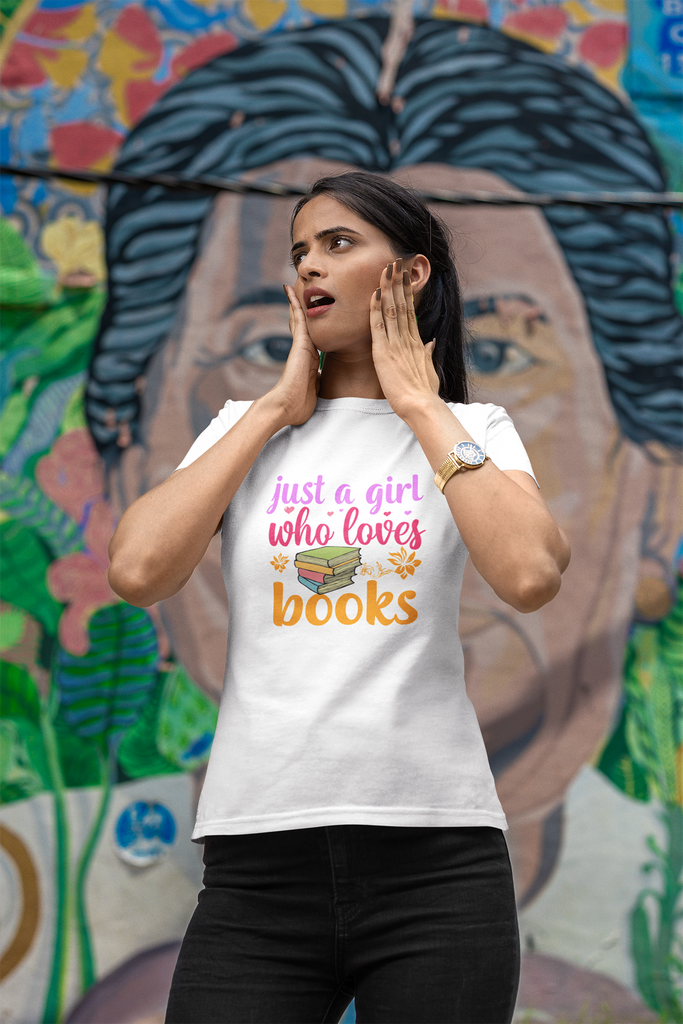 Madinkco Women's "Just a Girl Who Loves Books" Graphic T-Shirt - Soft Cotton Reading Tee
