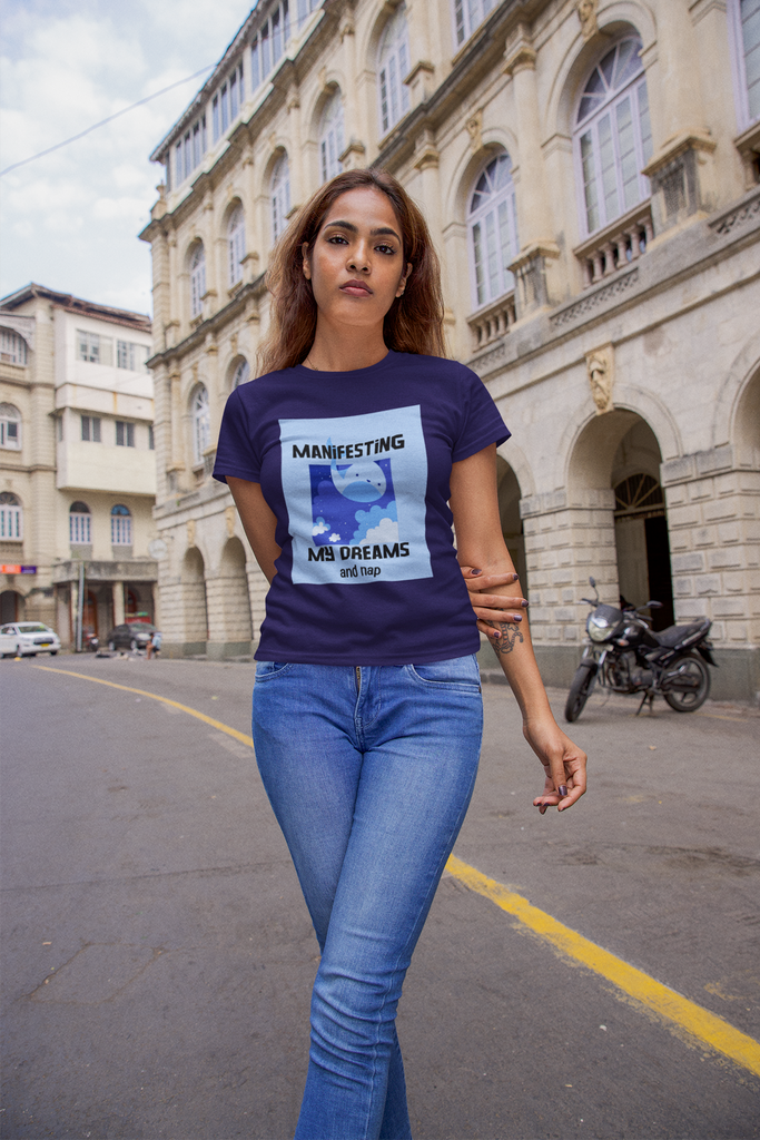 Madinkco Women's "Manifesting My Dreams and Nap" Graphic T-Shirt - Funny & Dreamy Tee