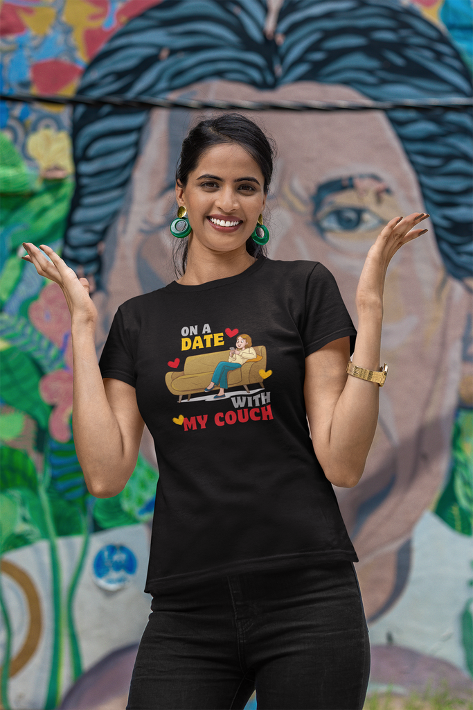 Madinkco Women's "On a Date with My Couch" Graphic T-Shirt - Funny Loungewear Tee