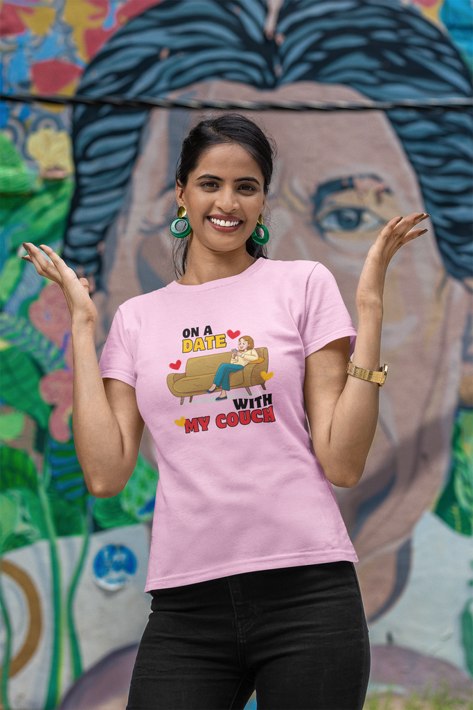 Madinkco Women's "On a Date with My Couch" Graphic T-Shirt - Funny Loungewear Tee