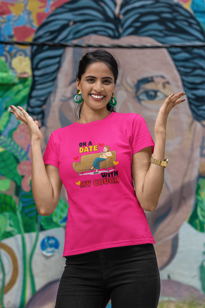 Madinkco Women's "On a Date with My Couch" Graphic T-Shirt - Funny Loungewear Tee