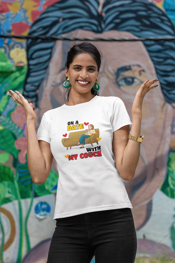 Madinkco Women's "On a Date with My Couch" Graphic T-Shirt - Funny Loungewear Tee