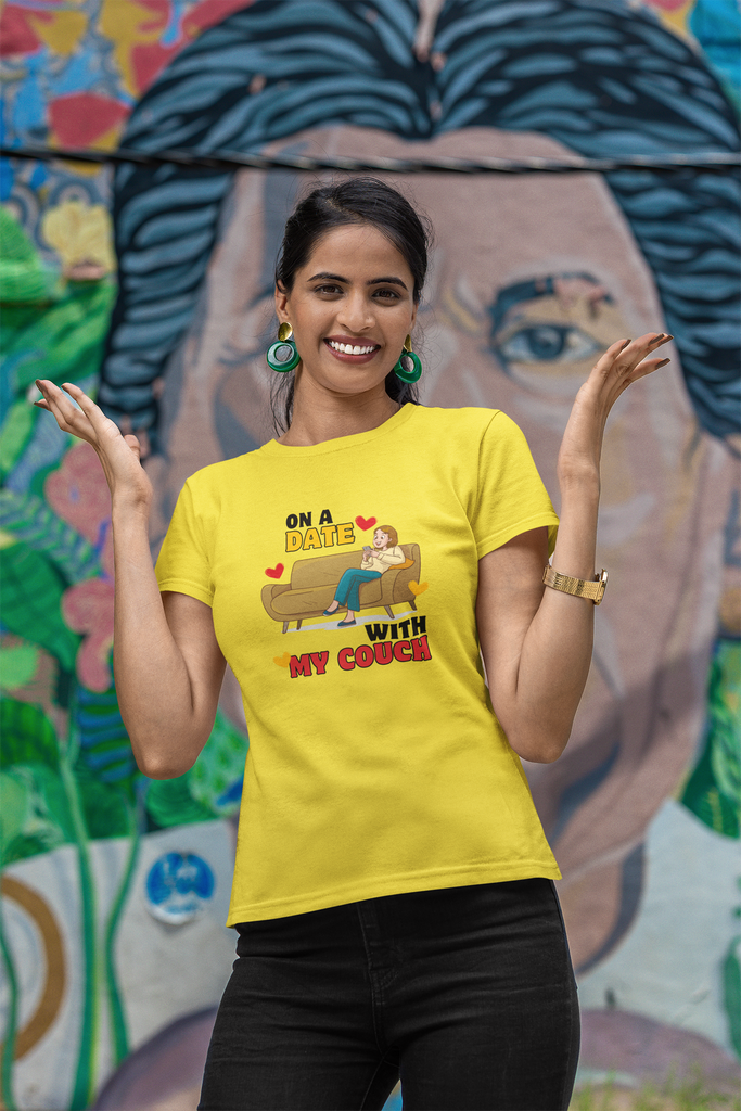 Madinkco Women's "On a Date with My Couch" Graphic T-Shirt - Funny Loungewear Tee