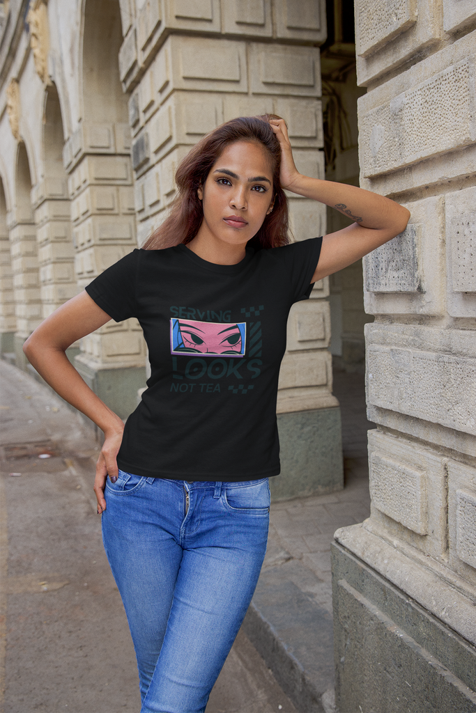Madinkco Women's "Serving Looks Not Tea" Graphic T-Shirt - Pop Art Style Tee