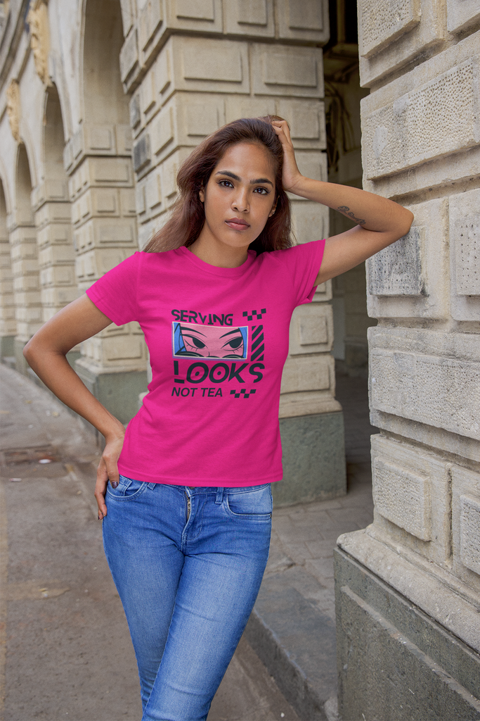 Madinkco Women's "Serving Looks Not Tea" Graphic T-Shirt - Pop Art Style Tee