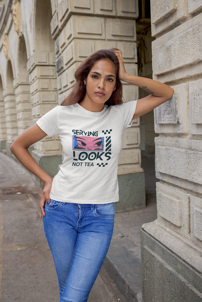 Madinkco Women's "Serving Looks Not Tea" Graphic T-Shirt - Pop Art Style Tee