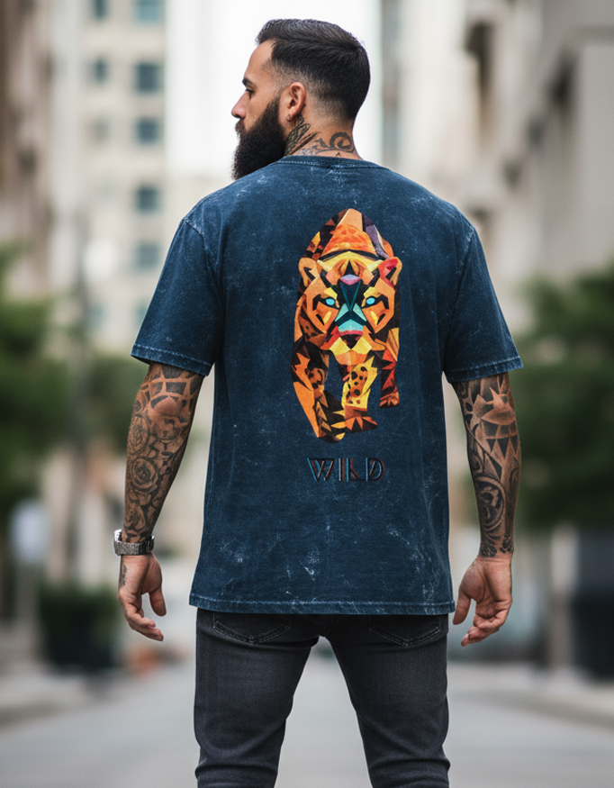 MadInkCo. Men Acid Washed Oversized Tee - Wild Tiger